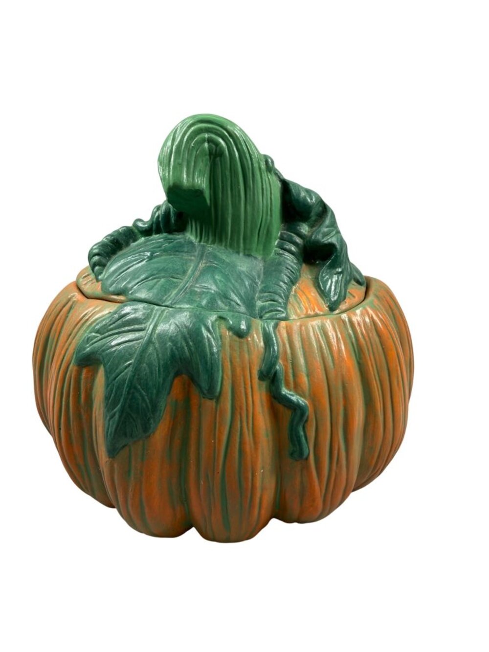 Vintage Ceramic Pumpkin Cookie Jar Container Green Leaf & Lid Kitchen Decor